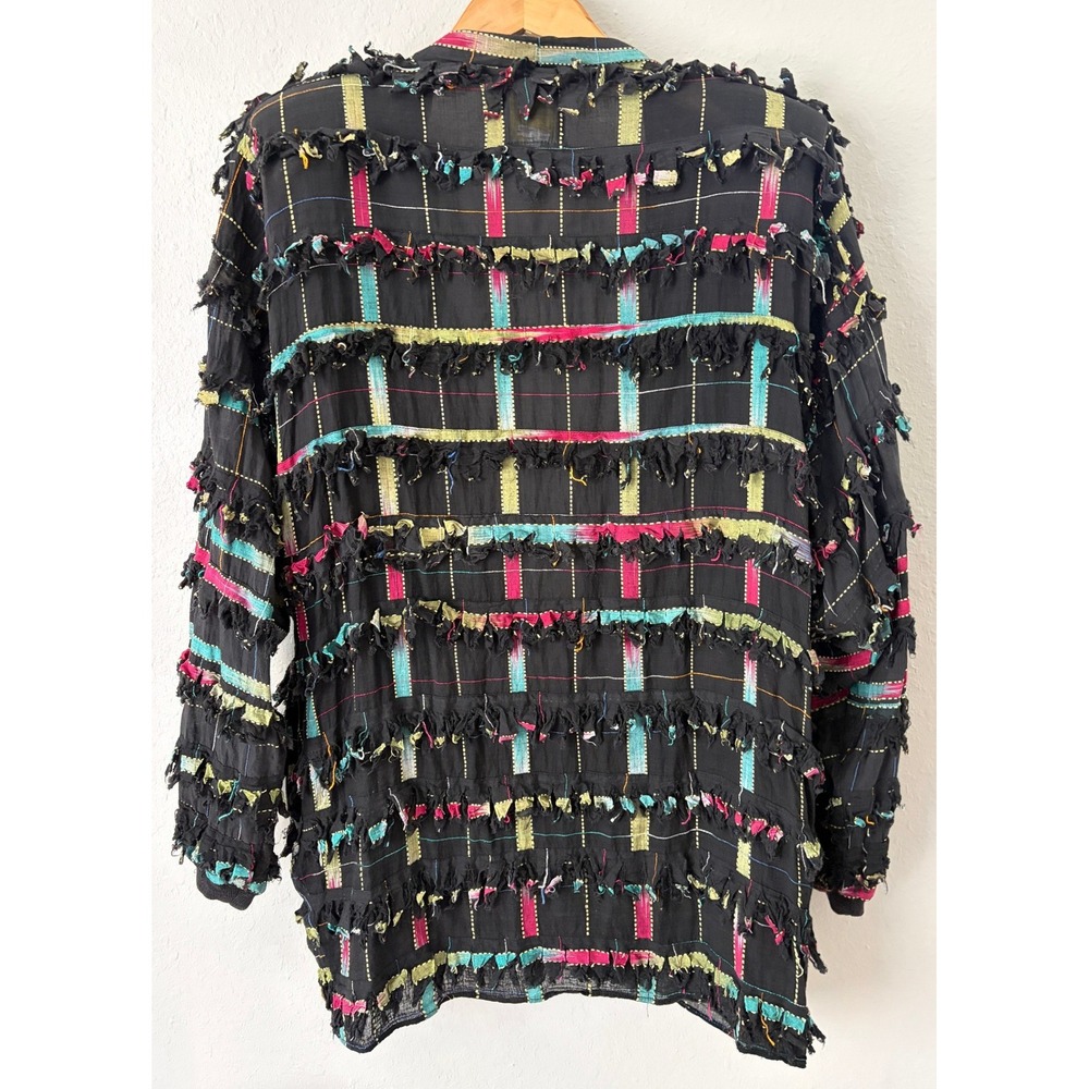 Paula Sweet Womens Muslin Mink Fringe Shredded Jacket L Multi Color Art To Wear - Picture 2 of 7